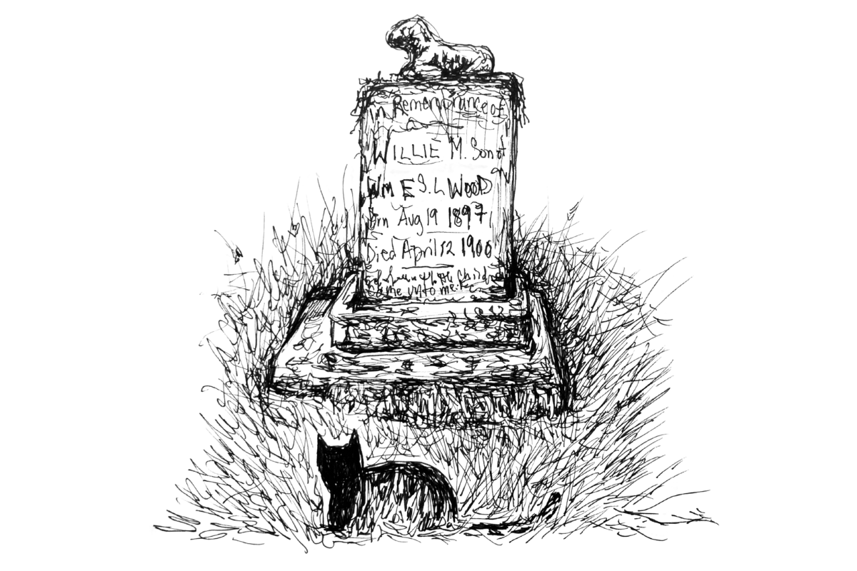 Pen and Ink Illustration of a Victorian Childs Grave with Black Cat-  Sunset Hills Cemetery in Bozeman Montana