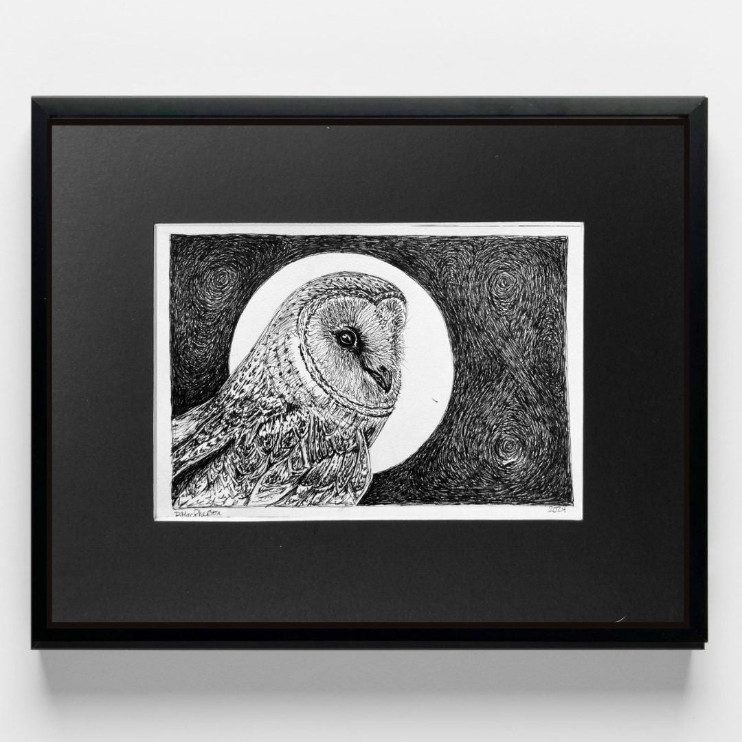 Barn Owl & Moon - Original Pen & Ink Illustration