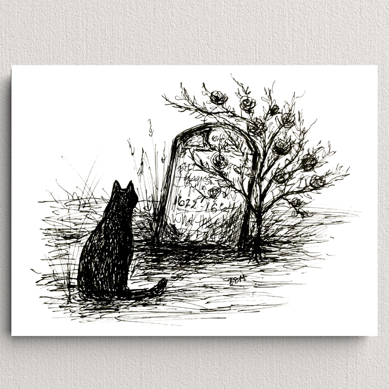 Grave Cat and Roses - Black Cat Fine Art Print