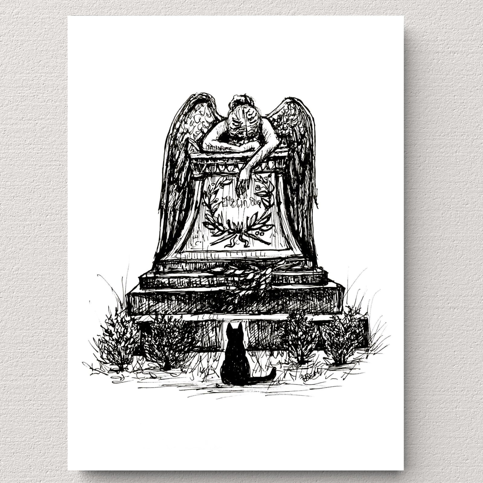 Black Cat and Weeping Angel Fine Art Print
