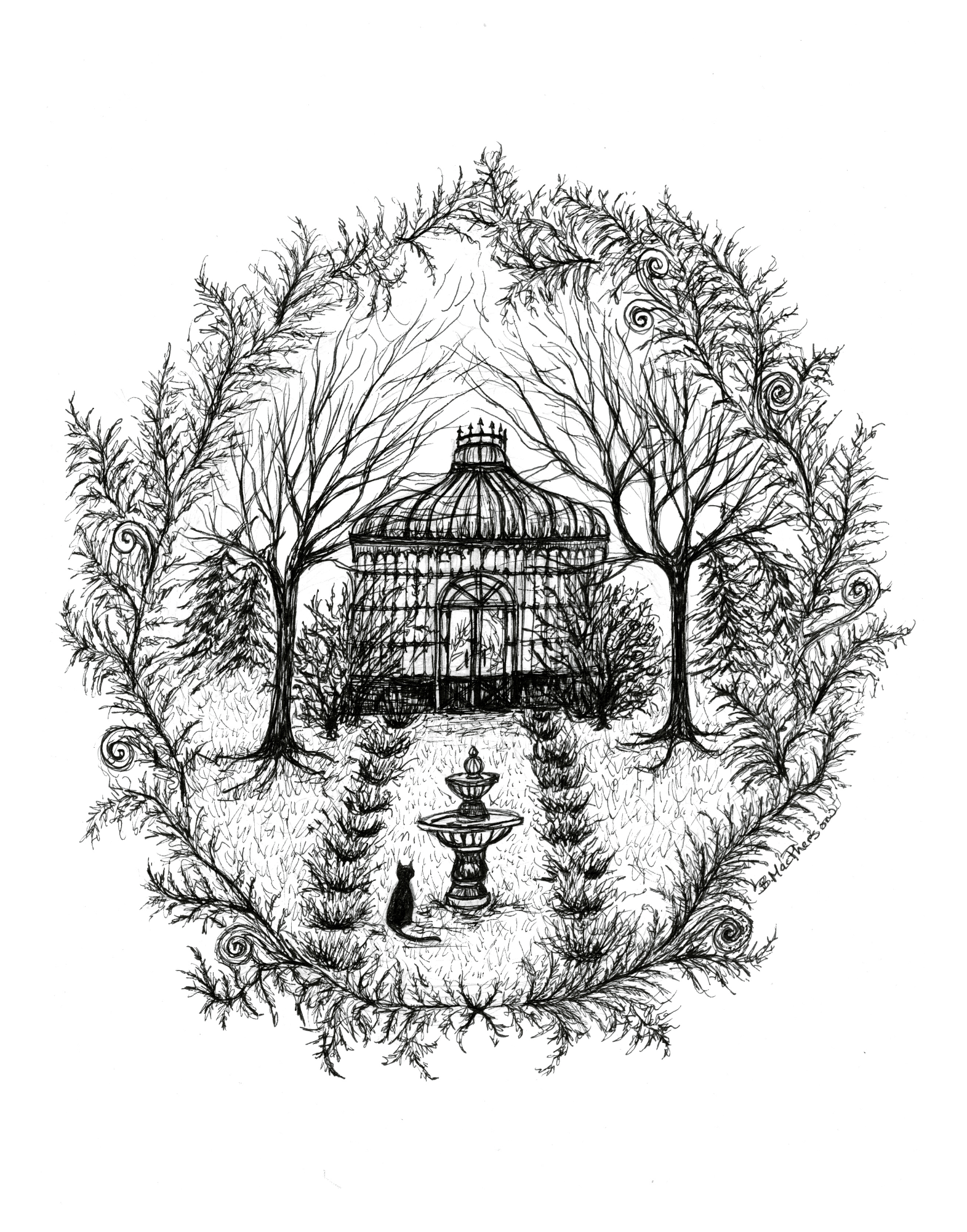 Victorian Greenhouse - Black Cat Art Print