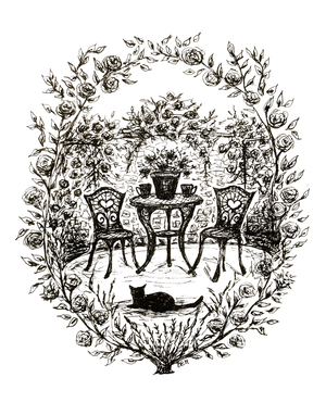 Tea Garden & Roses - Black Cat Fine Art Print