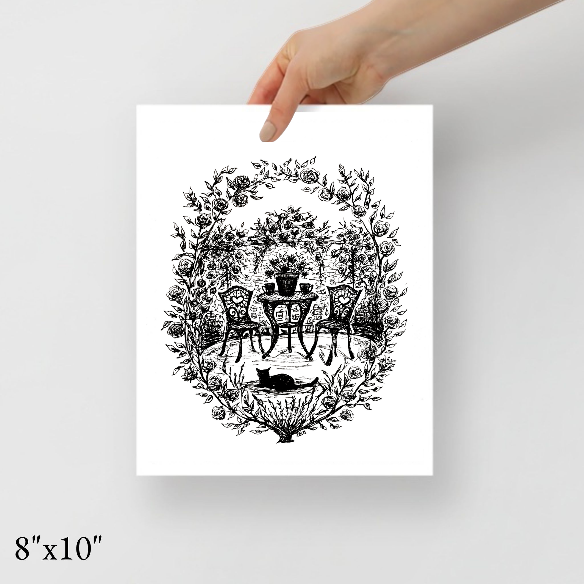 Tea Garden & Roses - Black Cat Fine Art Print