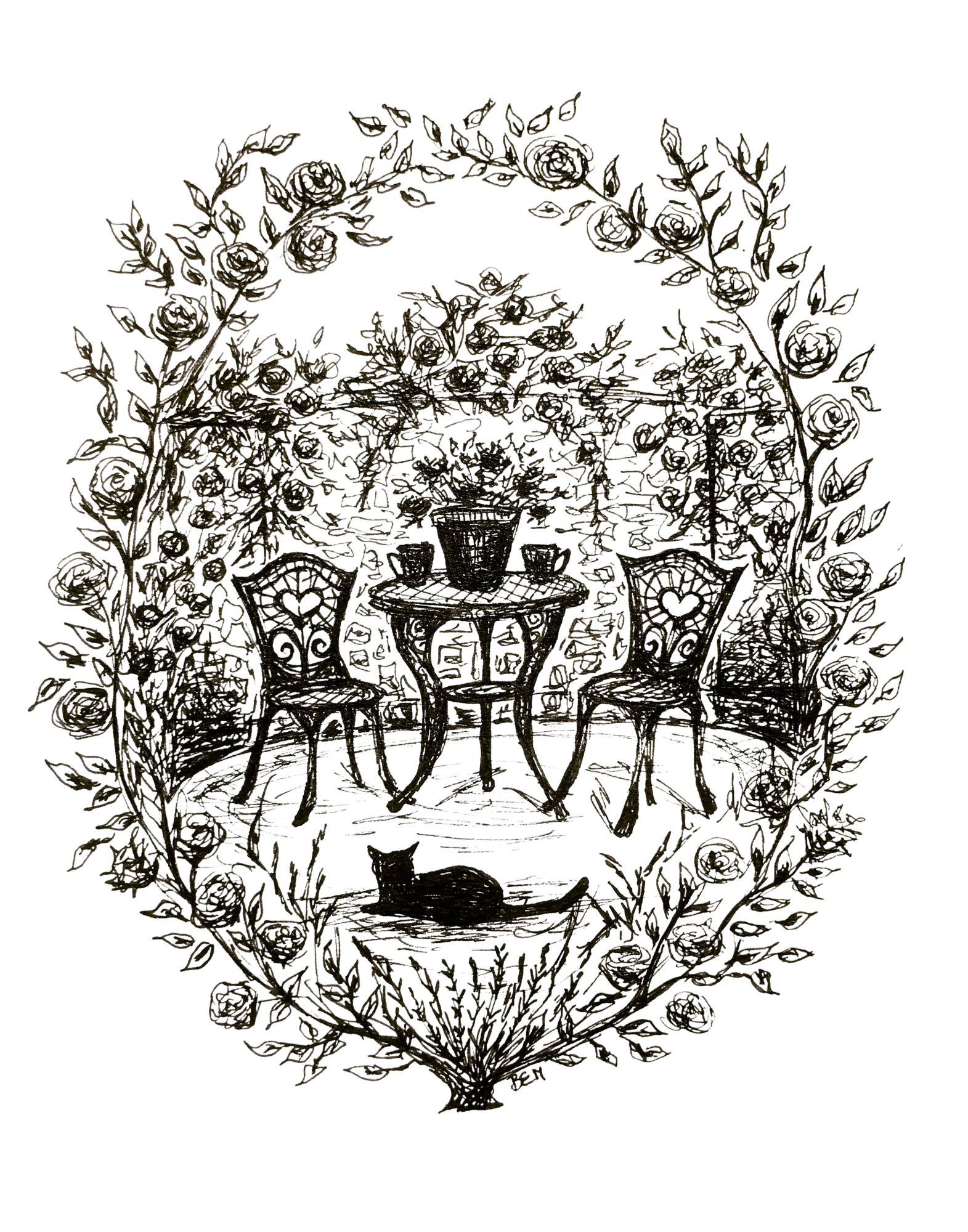 Tea & Roses - Black Cat Art Print