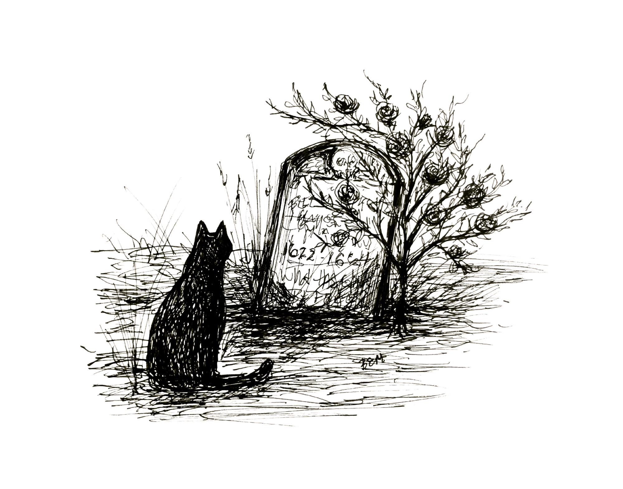 Grave with Roses - Black Cat Art Print