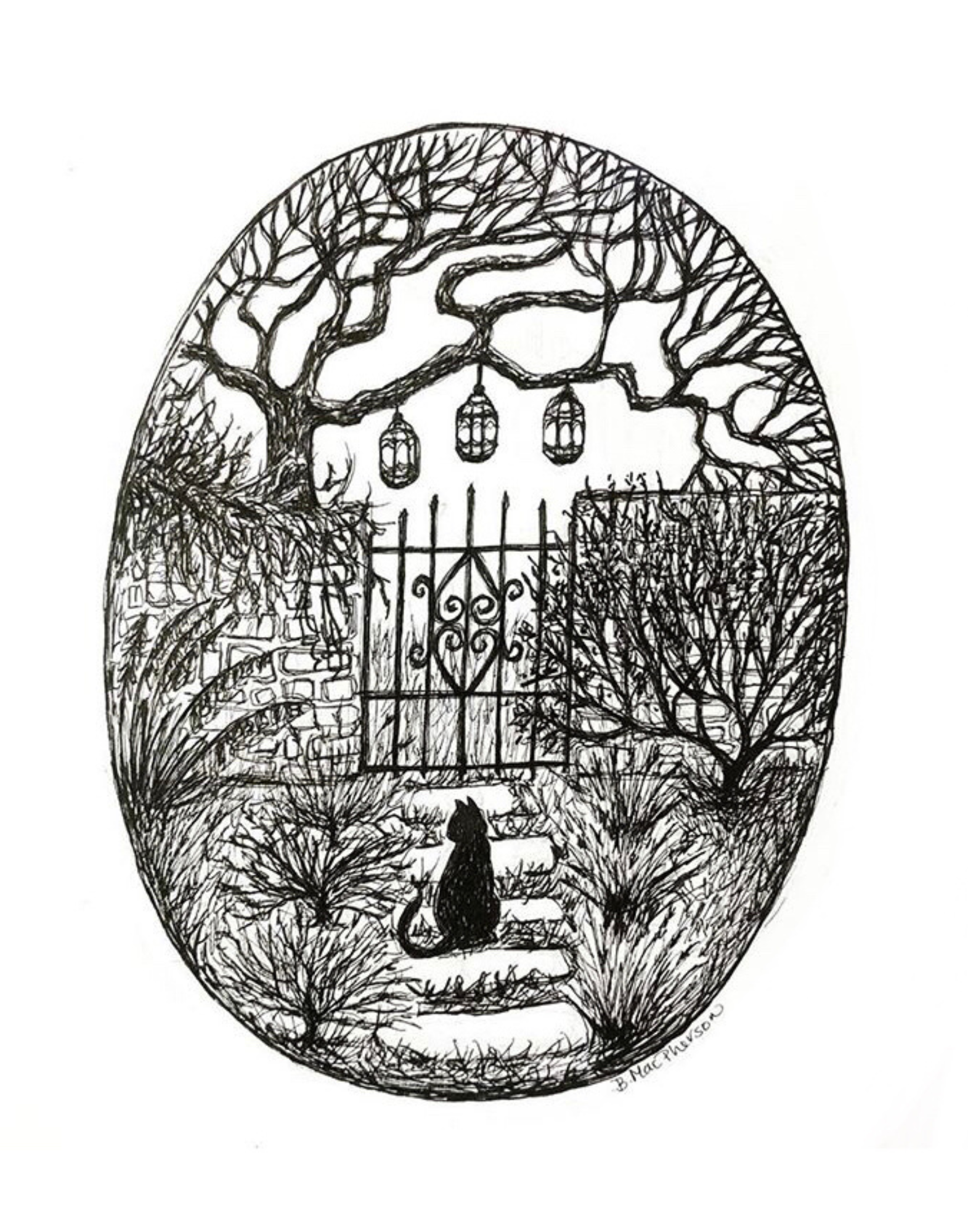 Evening Garden - Black Cat Art Print