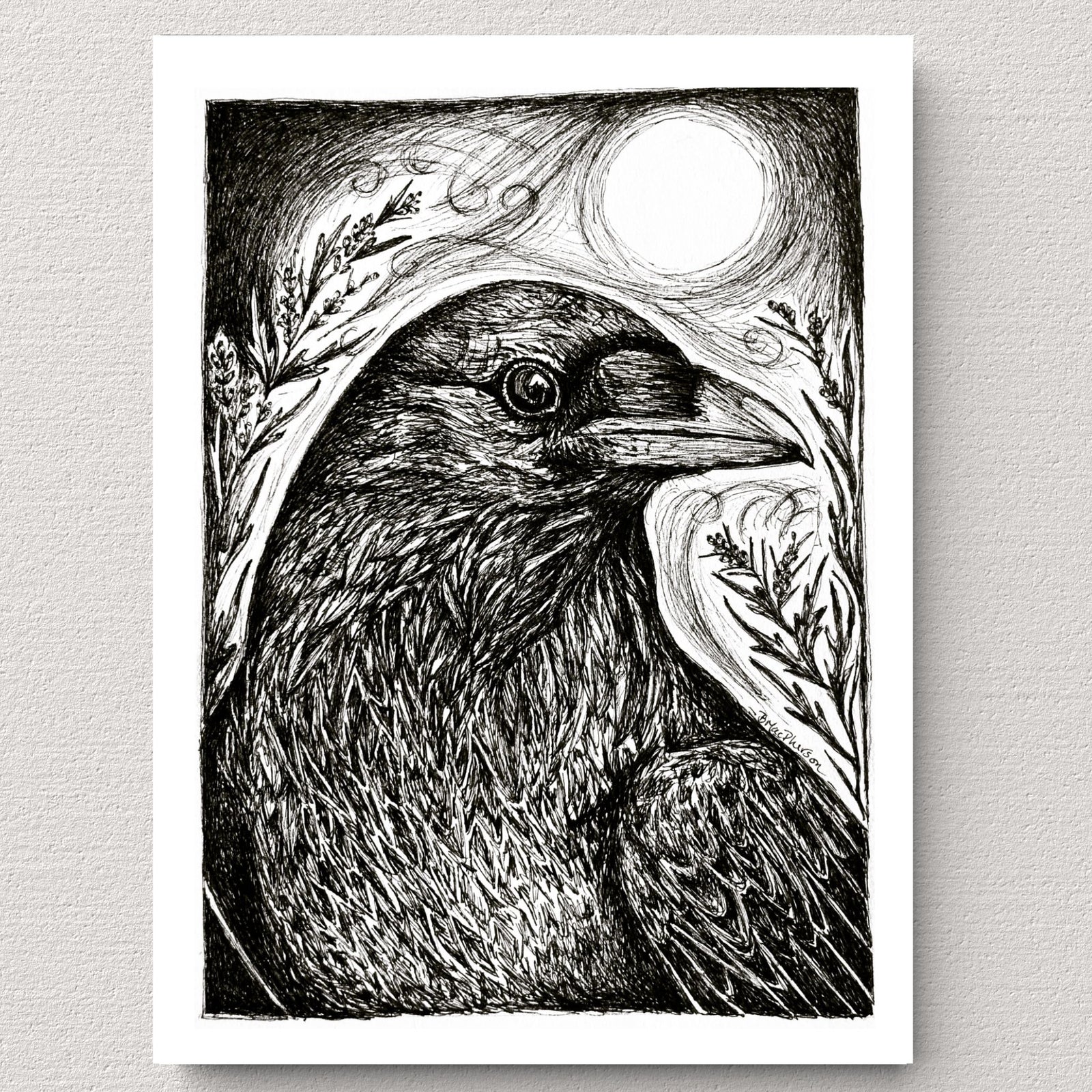 Museum-quality giclée art print of a gothic raven in the moonlight surrounded by dreamy and magical mugwort. Print is shown against a grey wall.  Hand drawn illustration by artist B. MacPherson.