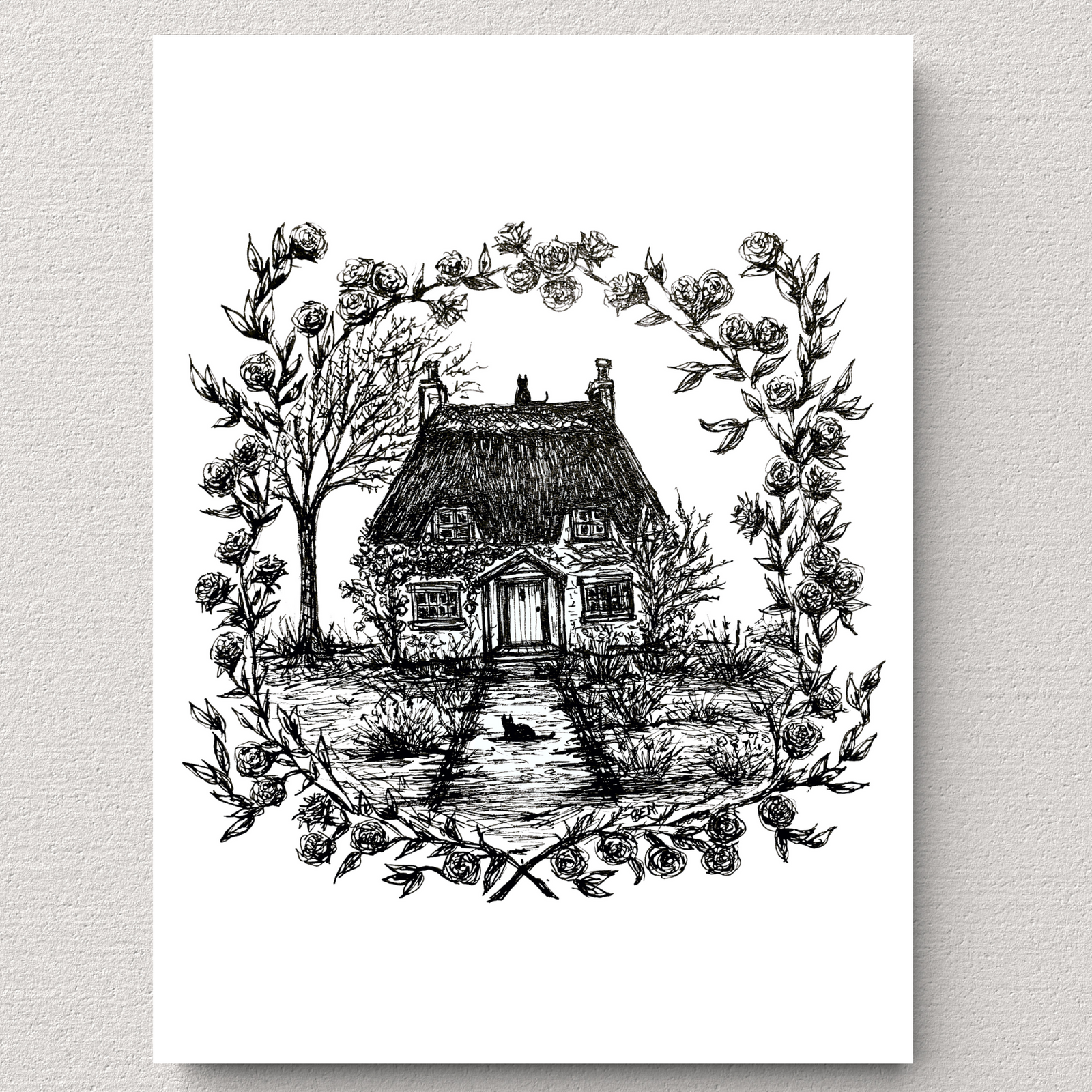Rose Cottage - Black Cat Fine Art Print