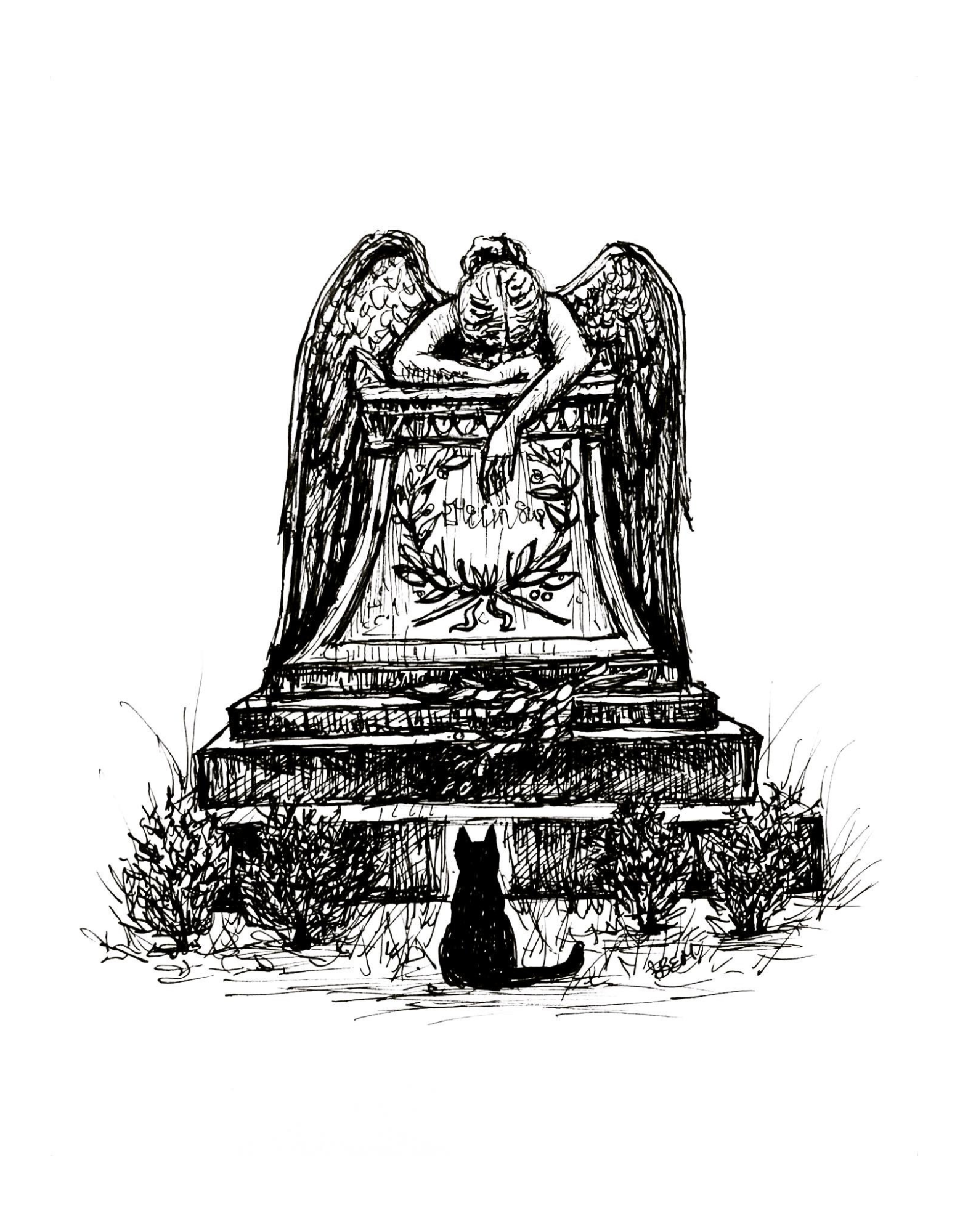 Black Cat and Weeping Angel Fine Art Print